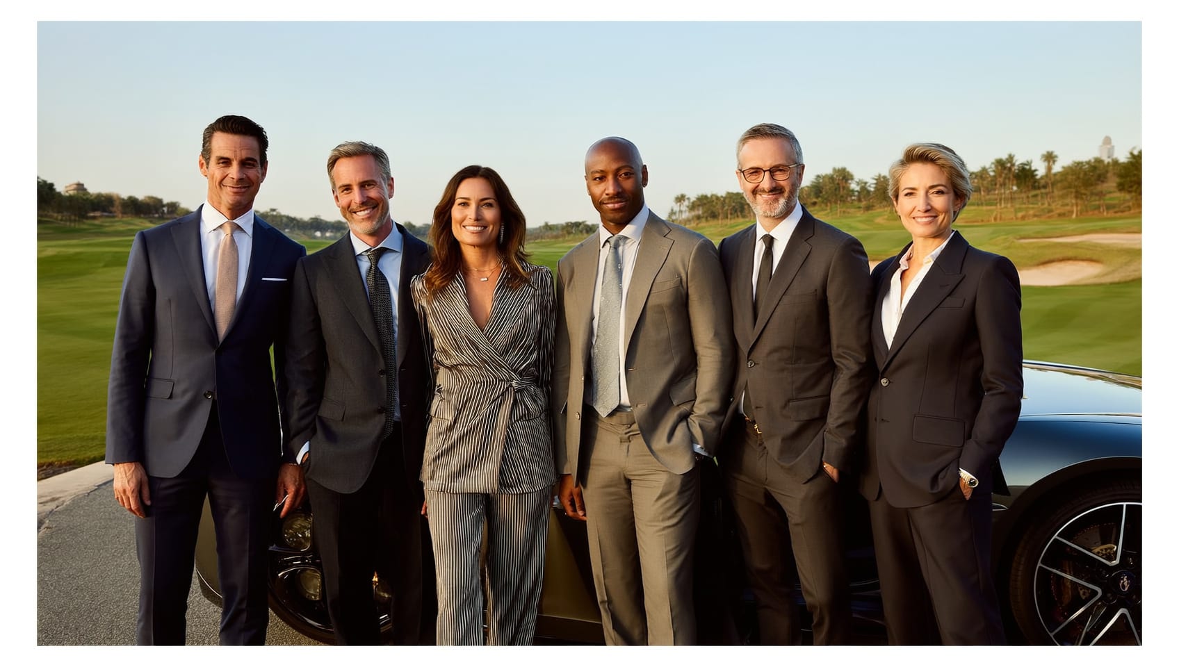 Five colleagues in sharp tailored business attire standing near a luxury sports car with a golf course in the background