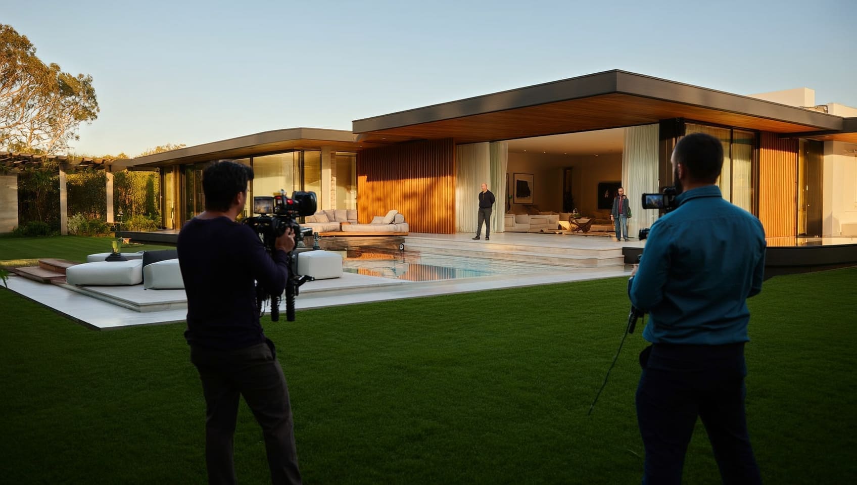 Film crew capturing a modern luxury home and its pool terrace at golden hour